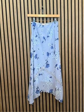 Light Blue Floral Midi Skirt with Lace Trim